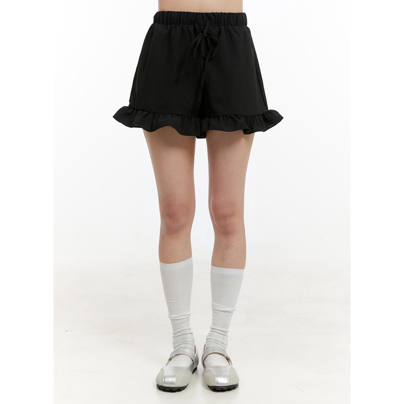 Frill Hem Cotton Shorts OG428|Black|Light beige|S/M