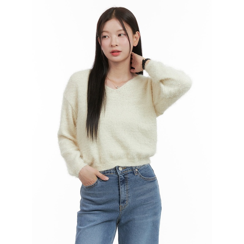 Fuzzy V-Neck Knit Sweater OG419