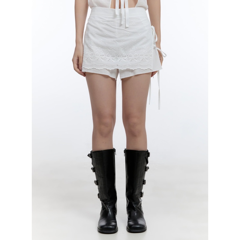 Lace Wrap Cotton Shorts CG414|Light beige|S/M