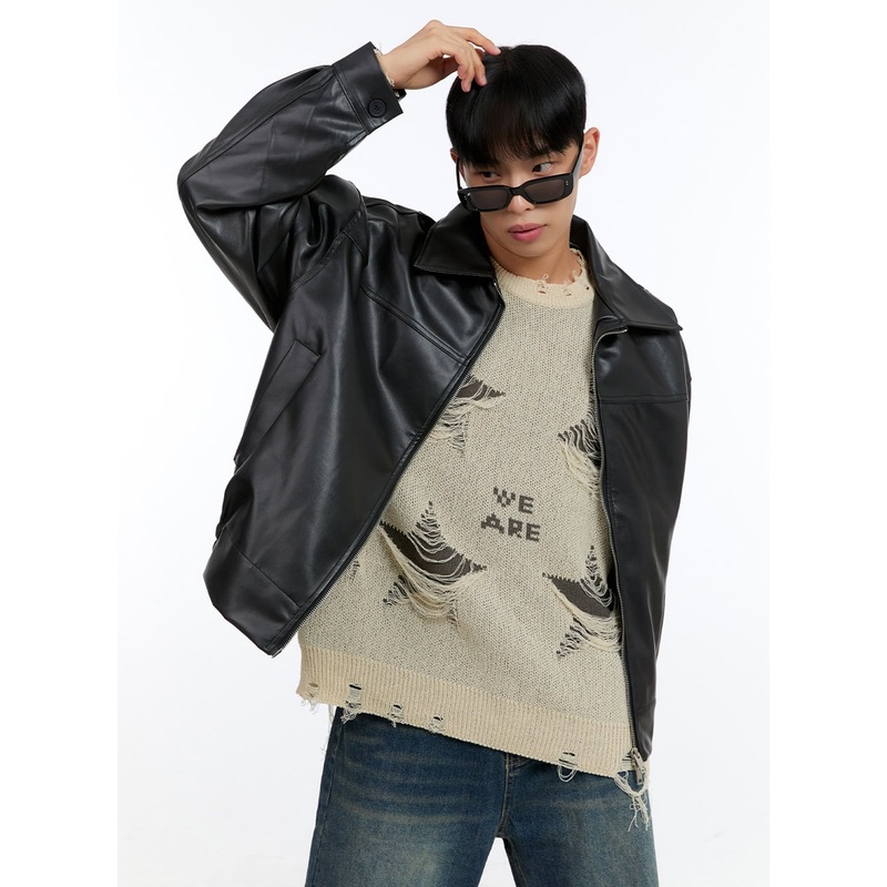 Men’s Faux Leather Zip-Up Collar Jacket IG421