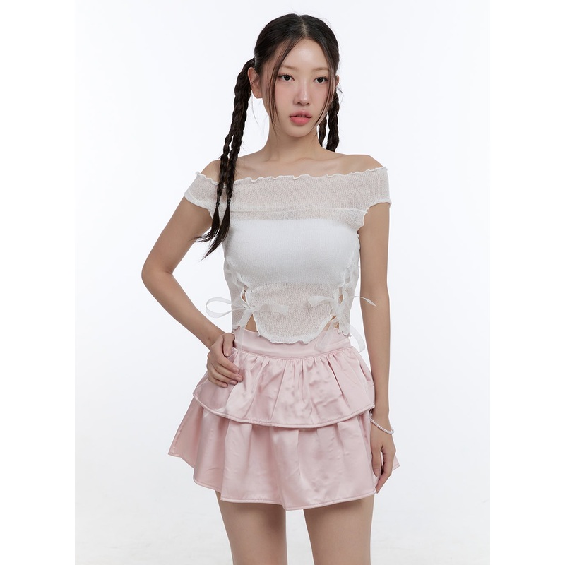 Mesh Ribbon Off-Shoulder Crop Top CG414