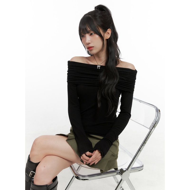Off Shoulder Shirred Long Sleeve Top CG421