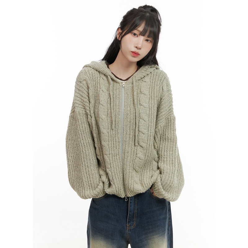 Oversized Cable Knit Zip-Up Hooded Sweater CG421