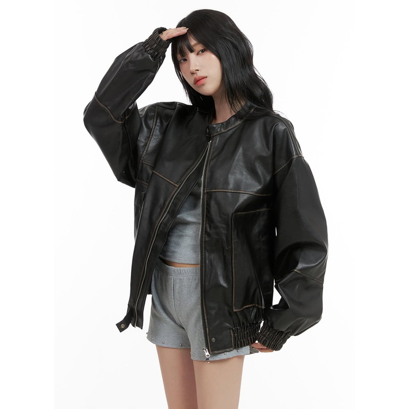 Oversized Faux Leather Bomber Jacket (UNISEX) CG420