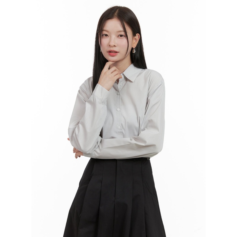 Solid Button-Up Blouse OG419|Light gray|Light blue|White|Beige|S/M