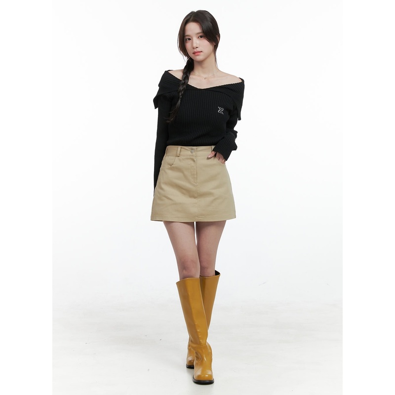 Solid Cotton Mini Skirt OG409|Beige|Black|Dark green|White|S/M