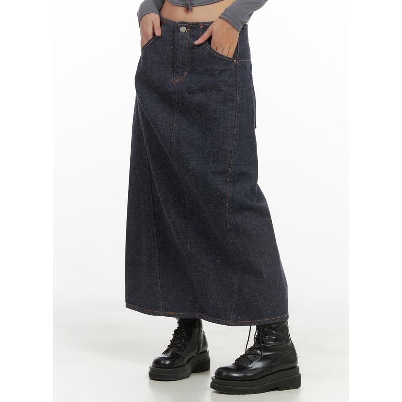 A-Line Denim Maxi Skirt CS405|Dark blue|S|M