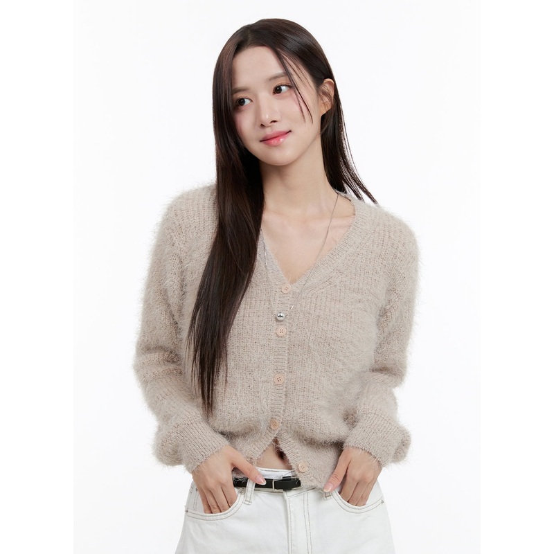 Fuzzy V-Neck Cardigan OG429|Beige|Black|Dark blue|Gray|S/M