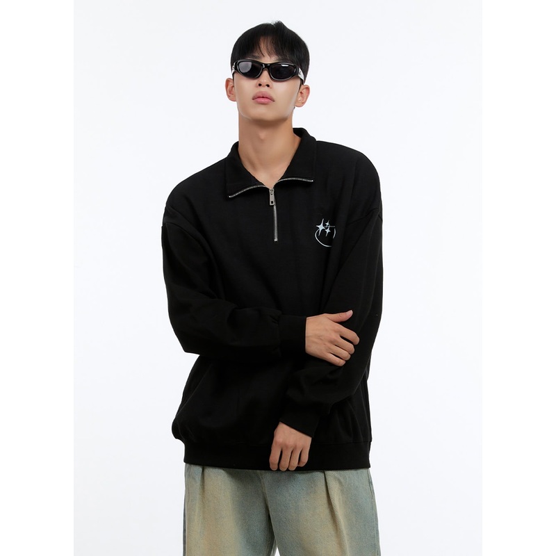 Men’s Classic Cotton Half-Zip Graphic Hoodie (Black) IS413