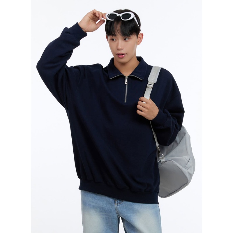 Men’s Classic Cotton Half-Zip Graphic Hoodie (Dark blue) IS413