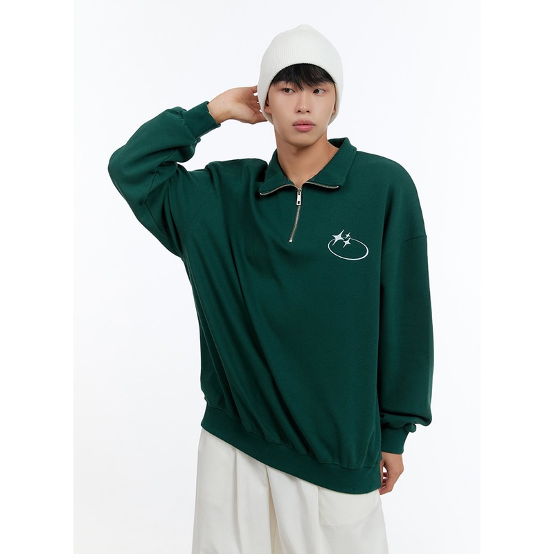 Men’s Classic Cotton Half-Zip Graphic Hoodie (Green) IS413