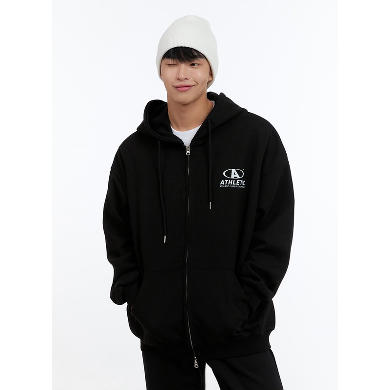 Men’s Two-Way Zip-Up Lettered Hoodie (Black) IS412
