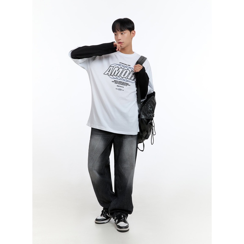 Men’s Washed Black Denim Wide Jeans IS413