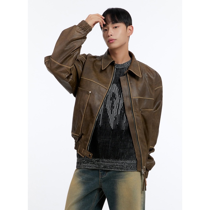 Men’s Washed Vintage Zip-Up Leather Jacket IS413