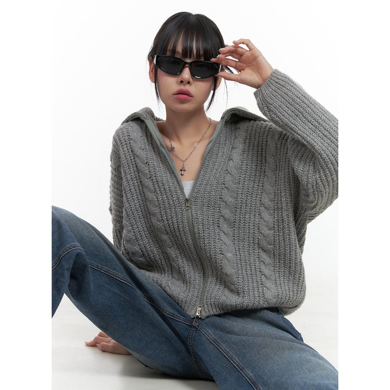 Oversized Cable Knit Zip-Up Sweater OS410