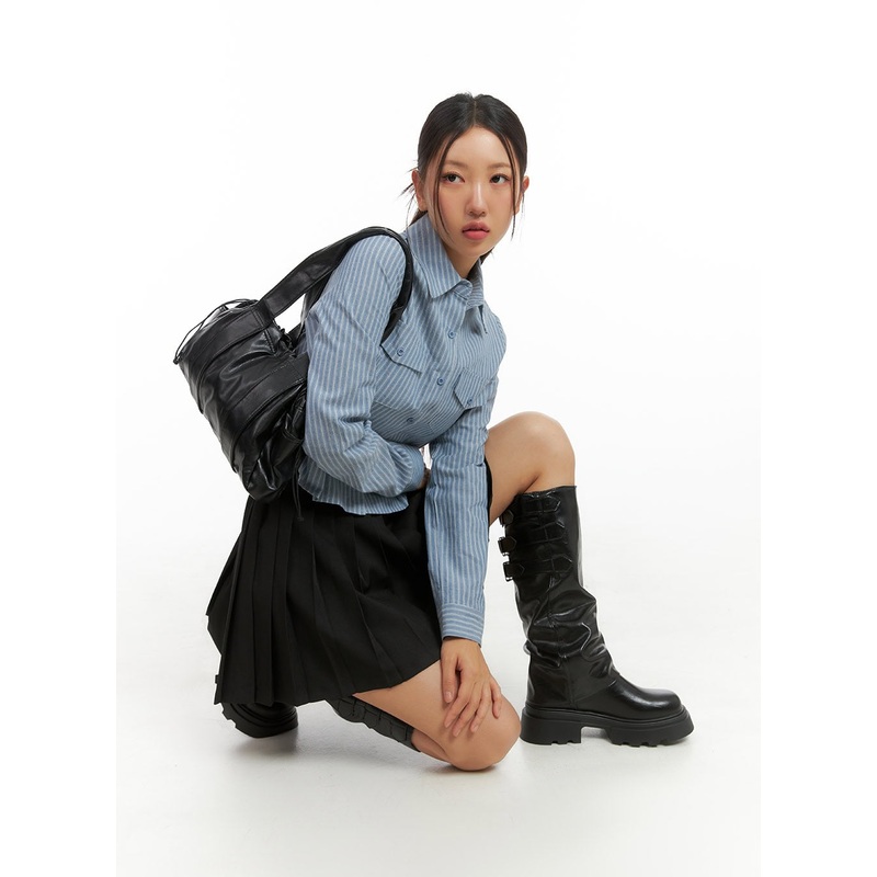 Pintuck Stripe Buttoned Crop Shirt IS402