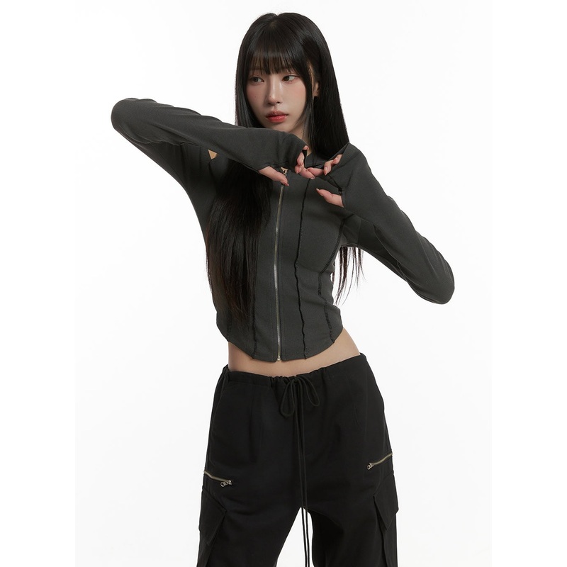 Ribbed Hooded Slim Crop Zip-Up Top CG430