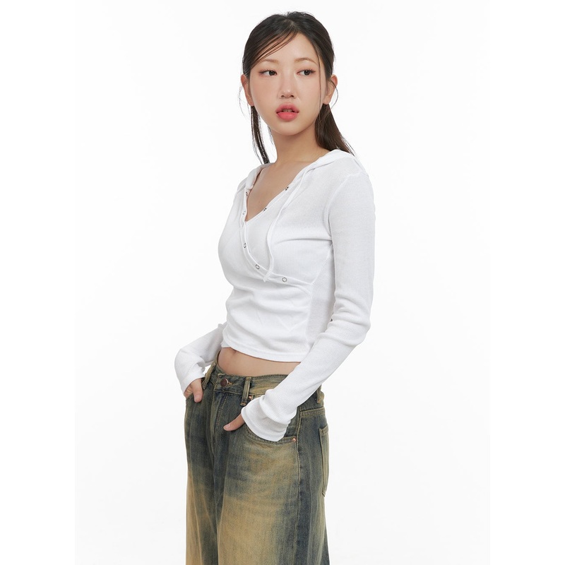 Ribbed Hoodie Long Sleeve Top CS405