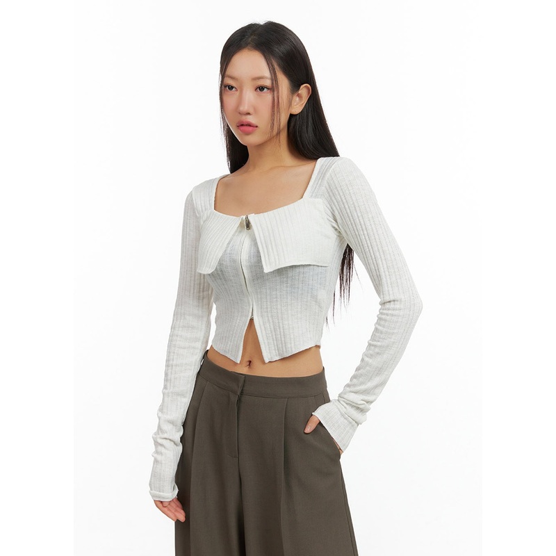 Slit Zip-Up Square Neck Crop Top IS402