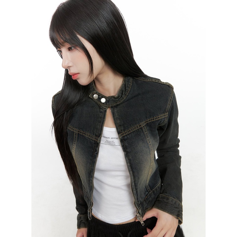 Snap-Button Neck Washed Denim Crop Jacket CG430