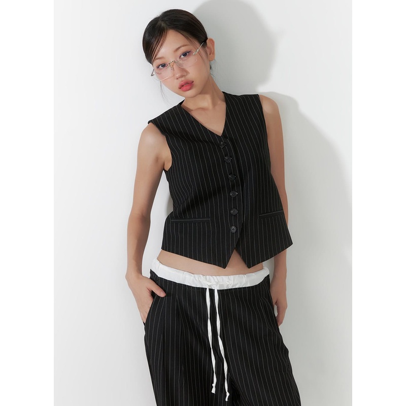 Striped V-Neck Vest CS405|Black|Gray|S/M