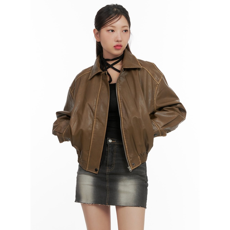 Zip-Up Faux Leather Crop Jacket CS405