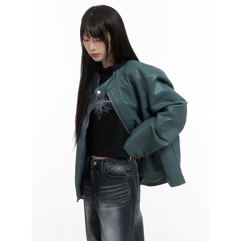 Chic Oversized Zip-Up Faux Leather Jacket CS419