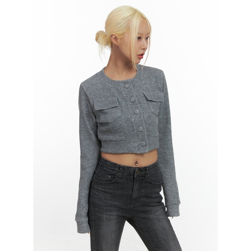 Classic Fit Button Pocket Crop Cardigan CS426
