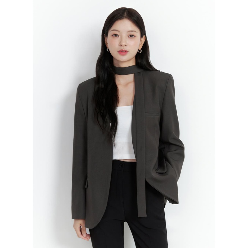 Collarless Chic Tie Blazer Jacket OS423