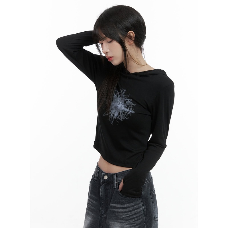 Printed Hand Warmer Long Sleeve Hood Top CS419