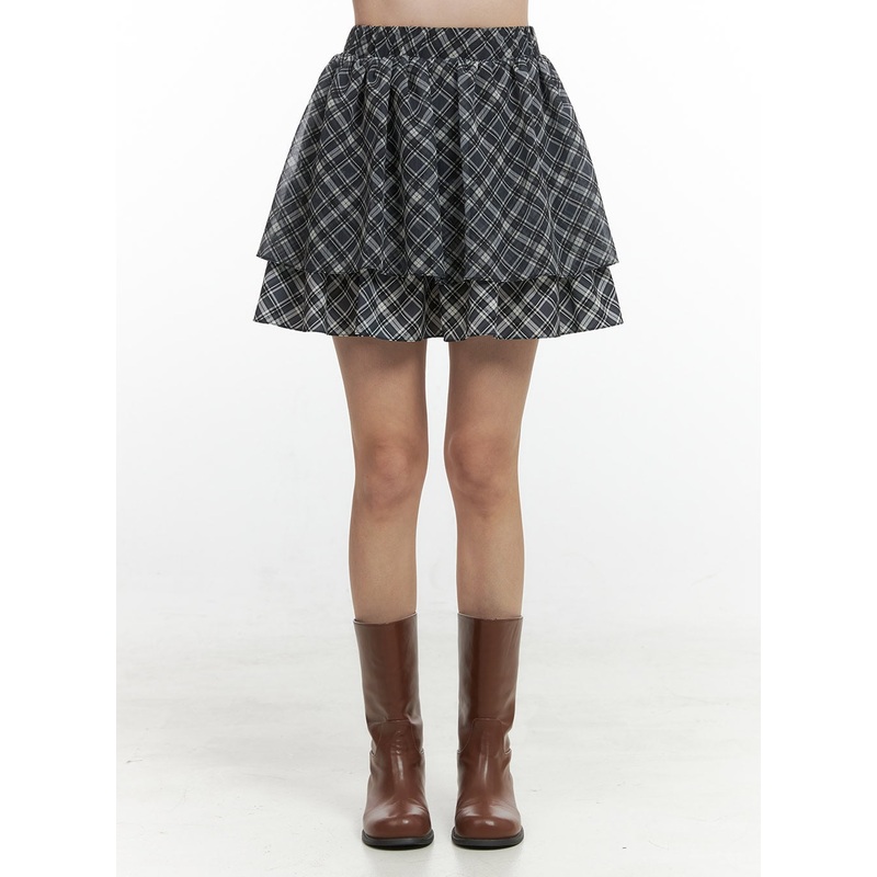 Tiered Check Mini Skirt OS423|Black|Beige|S/M