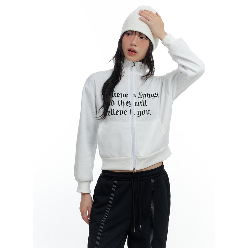 Zip-Up Cotton Lettered Sweatshirt CS420
