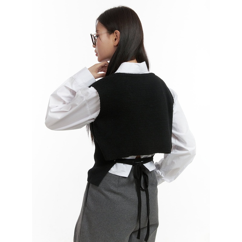 Back Strap Knit Vest OO416|Black|Gray|Light beige|S/M