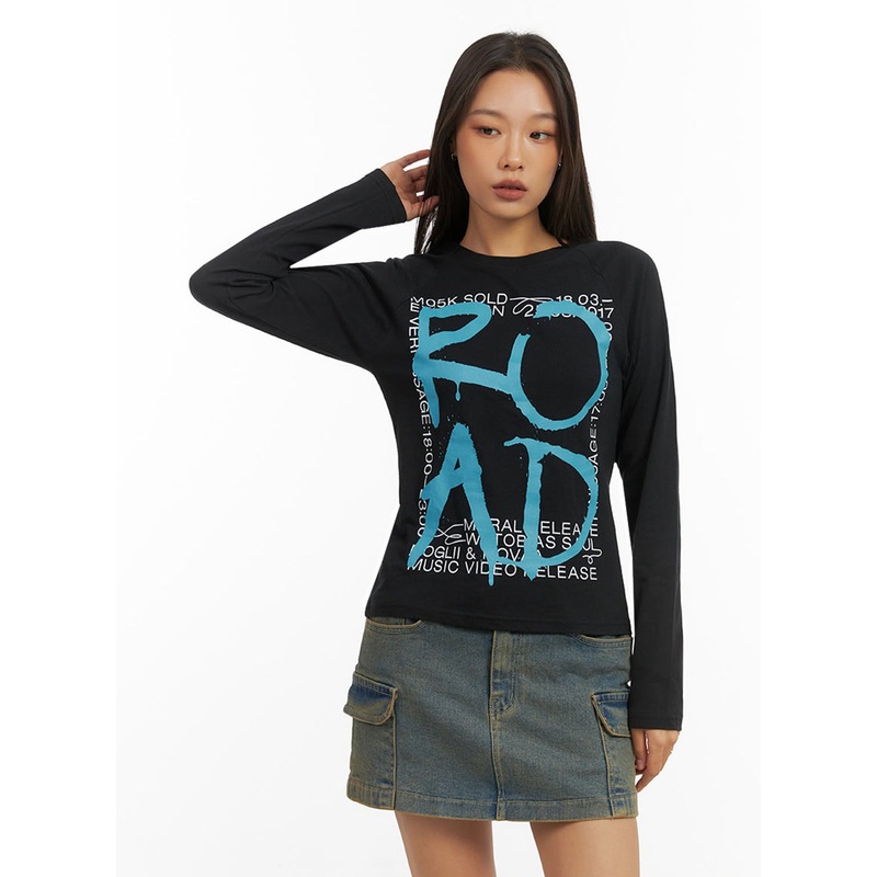 Cotton Graphic Round Neck Long Sleeve Top IO409