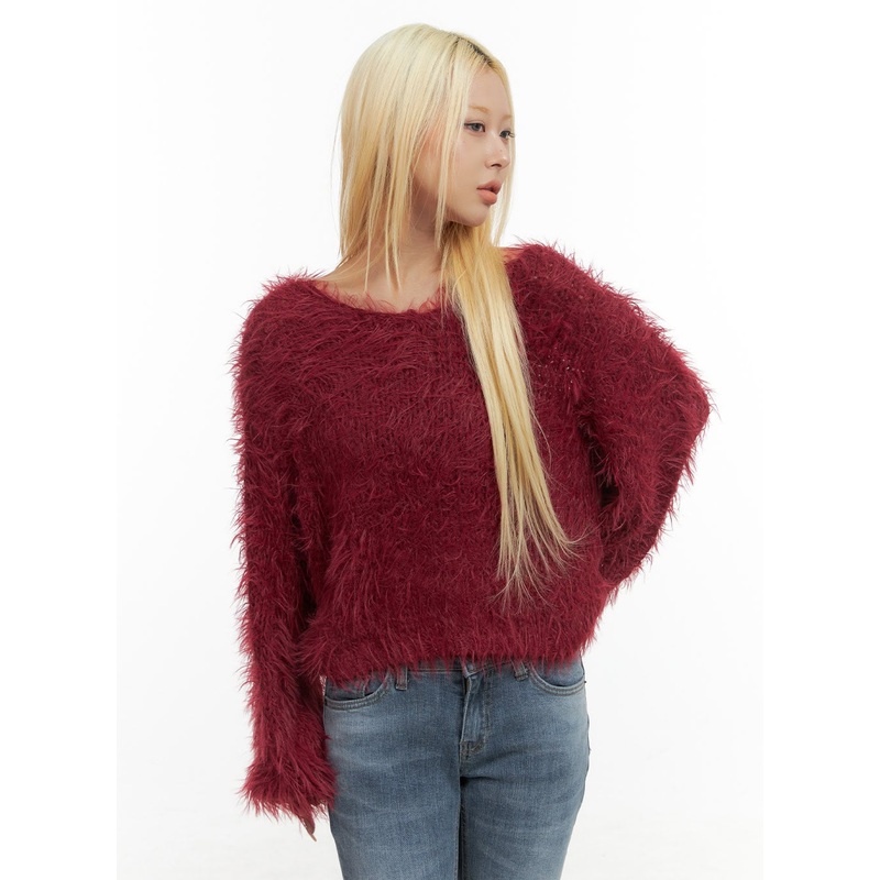 Crop Fur Knit Top CO414|Dark red|Black|White|Light blue|S/M