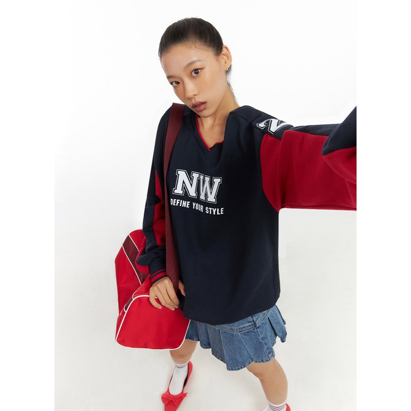 Dark Blue V-Neck Jersey Sweatshirt IO409