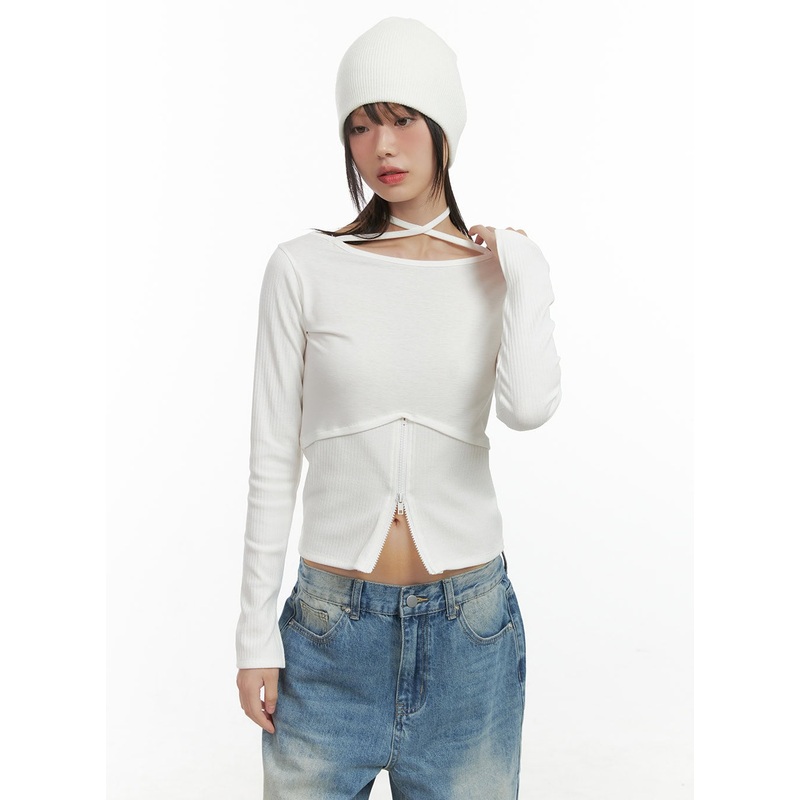 Halter Strap Zip-Up Cropped Top CO410
