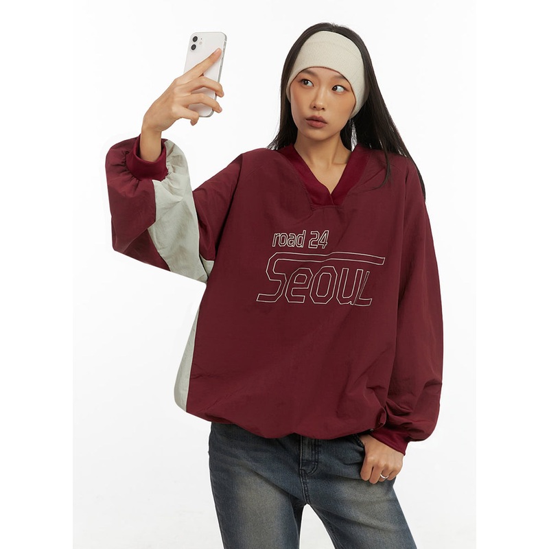 Long Sleeve Loose Fit Nylon V-Neck Sweatshirt IO409