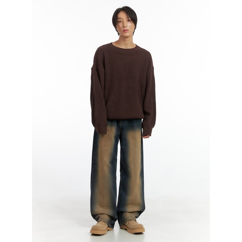 Men’s Brown Washed Wide Denim Jeans IO402