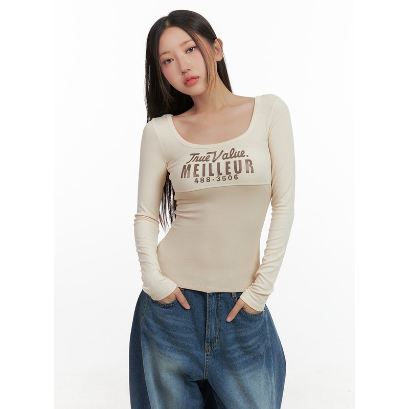 Mixed Color U-Neck Letter Print Slim Tee CO404