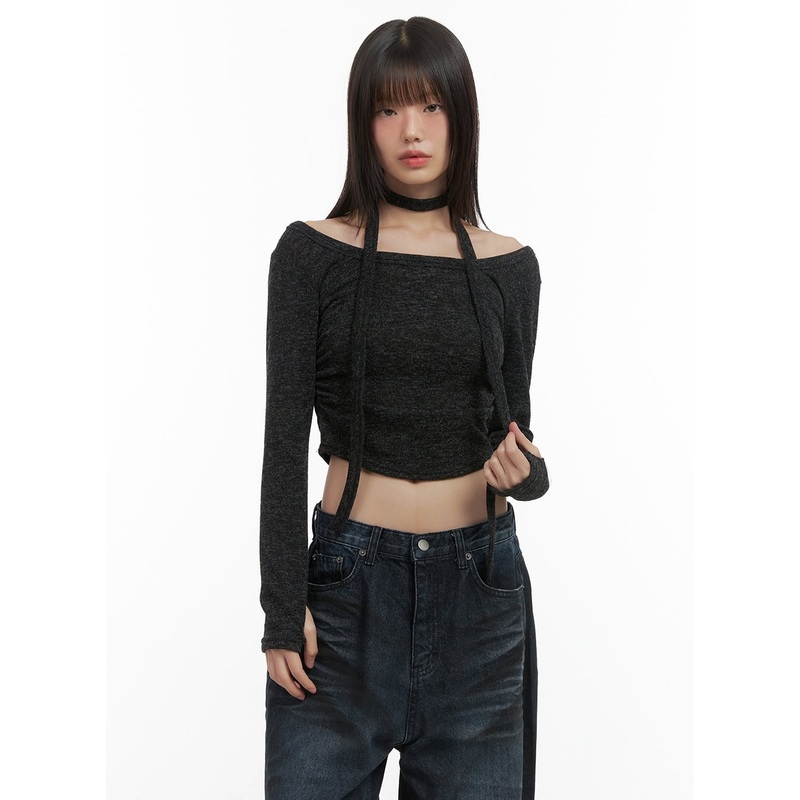 Shirred Cropped Long Sleeve Top with Choker Set CO410