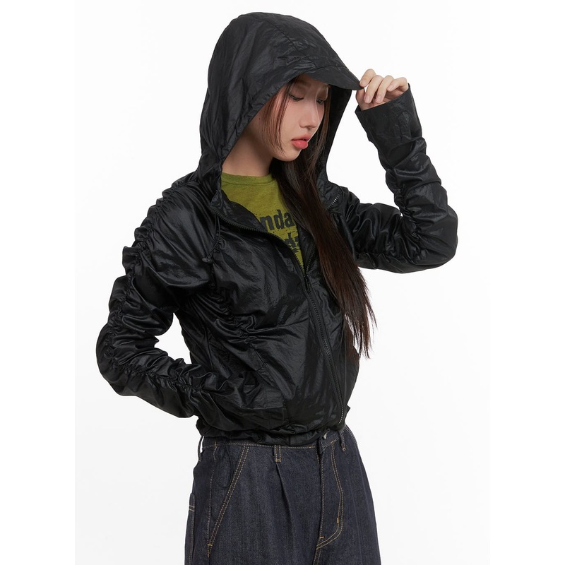 Shirred Hooded Nylon Crop Jacket CO402