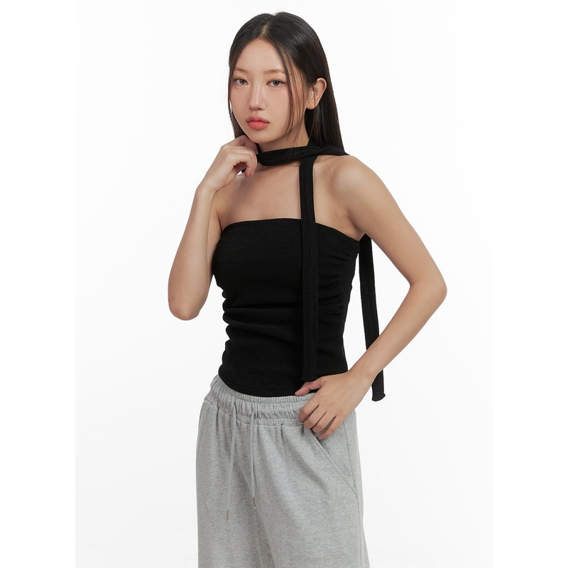 Shirred Solid Tube Crop Top and Scarf Set CO404