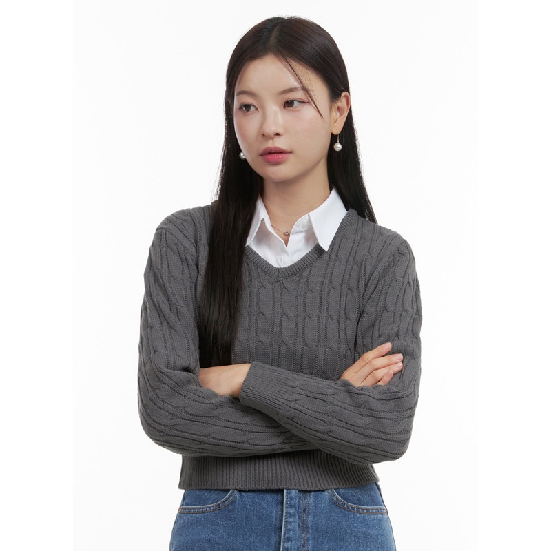 Slim V-Neck Cable Knit Sweater OO416