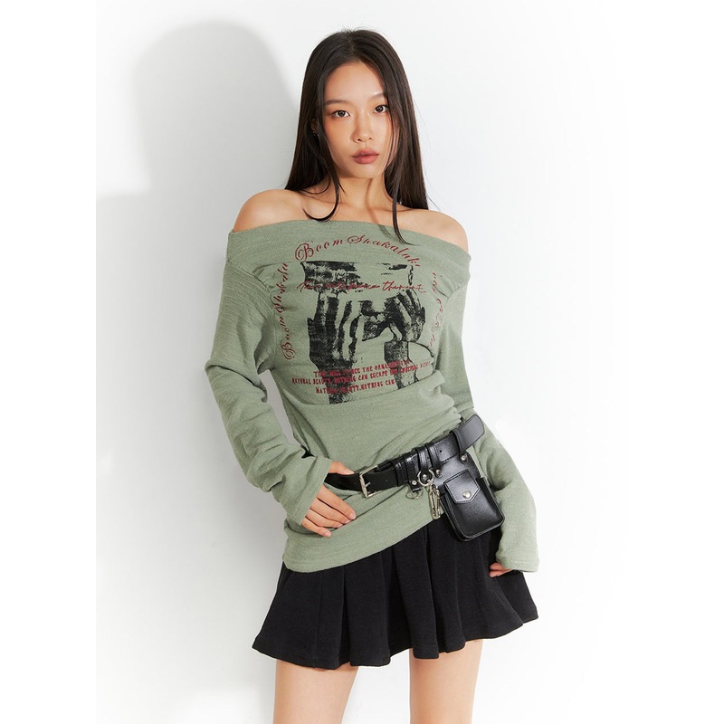 Trendy Off Shoulder Graphic Print Top IO409