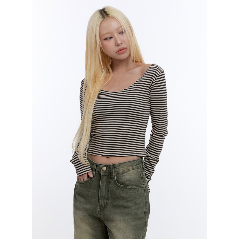 U Neck Stripe Crop Long Sleeve Top CO419