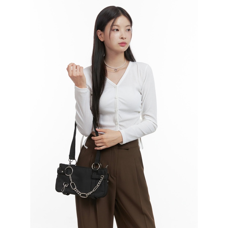 V-Neck Buttoned Shirred Crop Top OO416