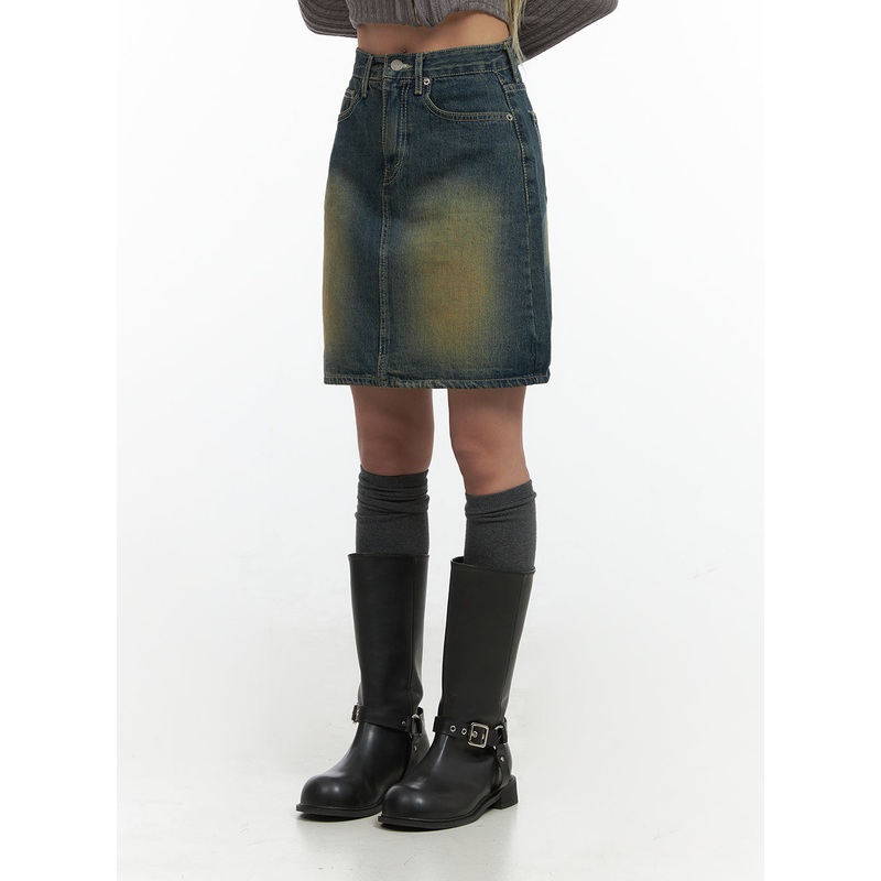 Washed Denim Cotton Midi Skirt CO415