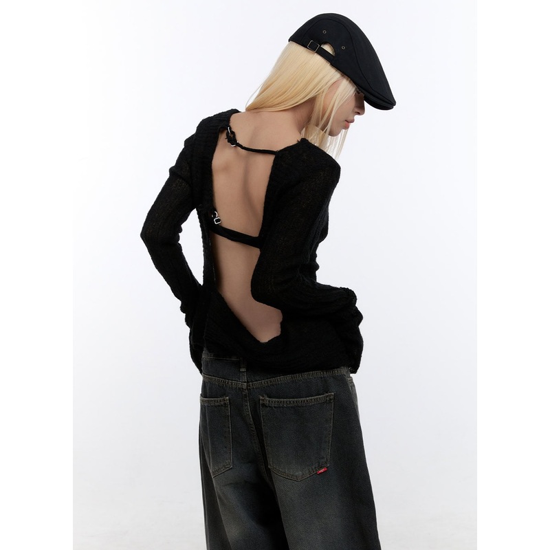Buckle Cut Out Knit Top CO422|Black|Light beige|Light gray|S/M