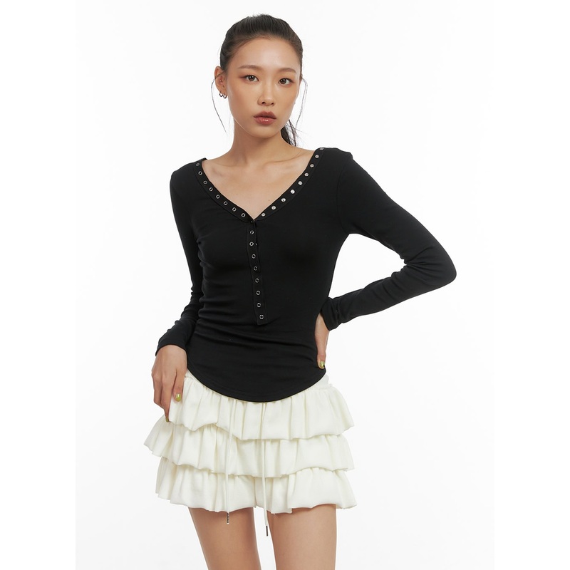 Buttoned V-Neck Slim Tee CO424
